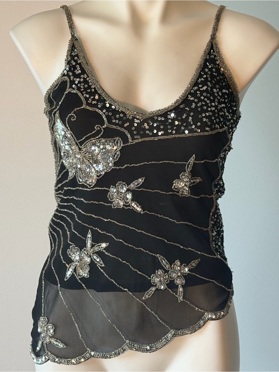 Sweet by Miss Me Tops - Y2K Black Sequin & Silver Embellished Butterfly & Floral Camisole
